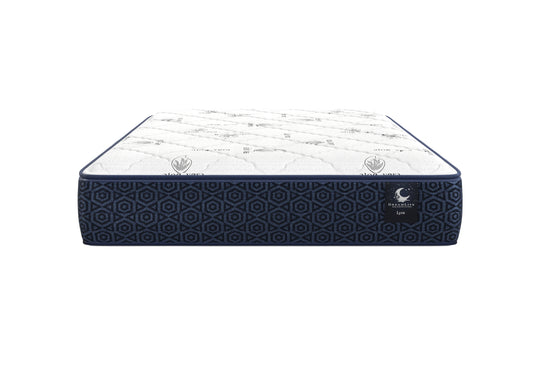 Lyra 7-inch tight-top foam mattress front view with white quilting and navy patterned sides