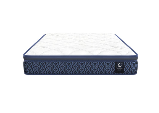 Stella mattress front view with white quilting and navy patterned sides