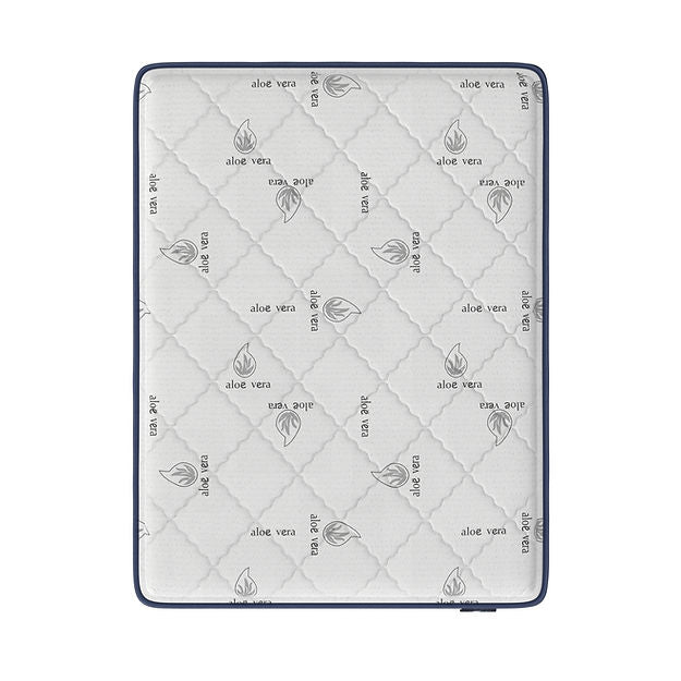 Quilted mat with 'aloe vera' text and leaf design on a white background