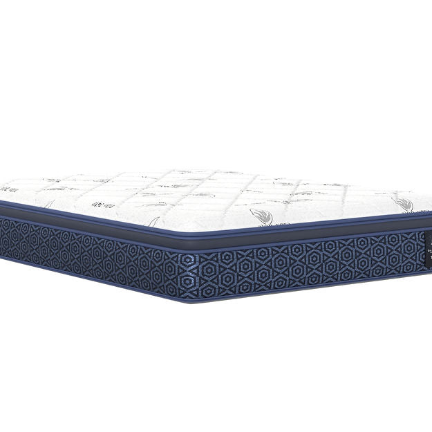 Mattress with blue decorative border on a white background