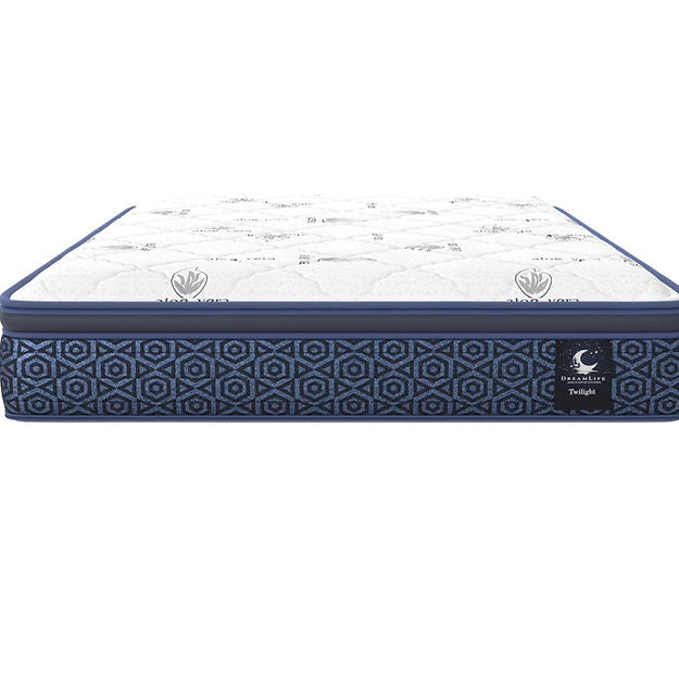 Blue and white mattress with geometric pattern on a white background