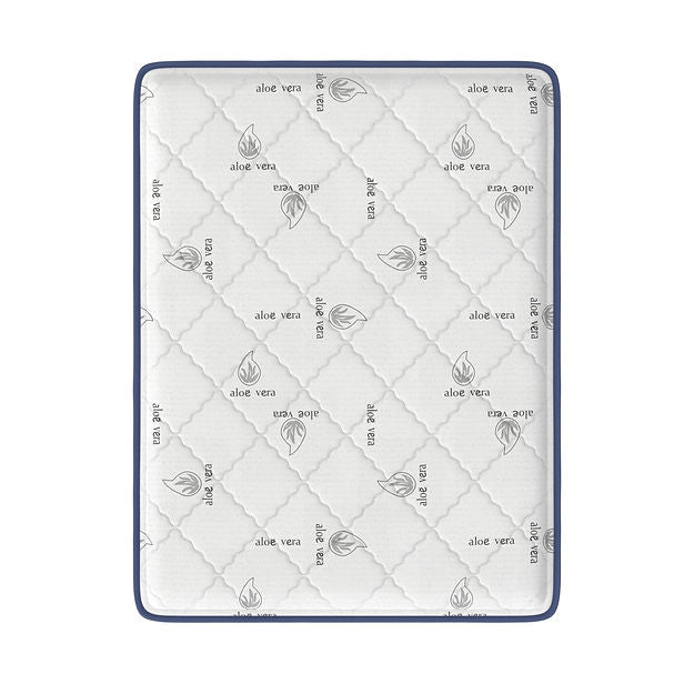 Quilted blanket with 'aloe vera' text and leaf patterns on a white background