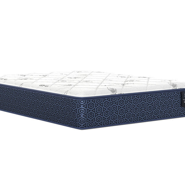 Blue and white mattress with geometric pattern on a white background