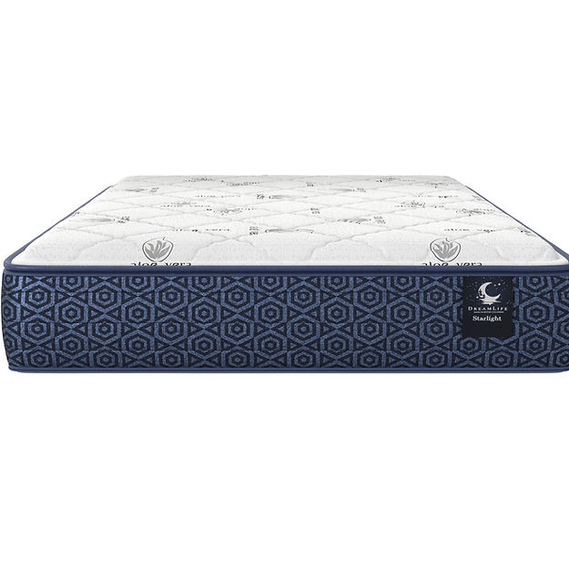 Blue and white mattress with geometric pattern on a white background