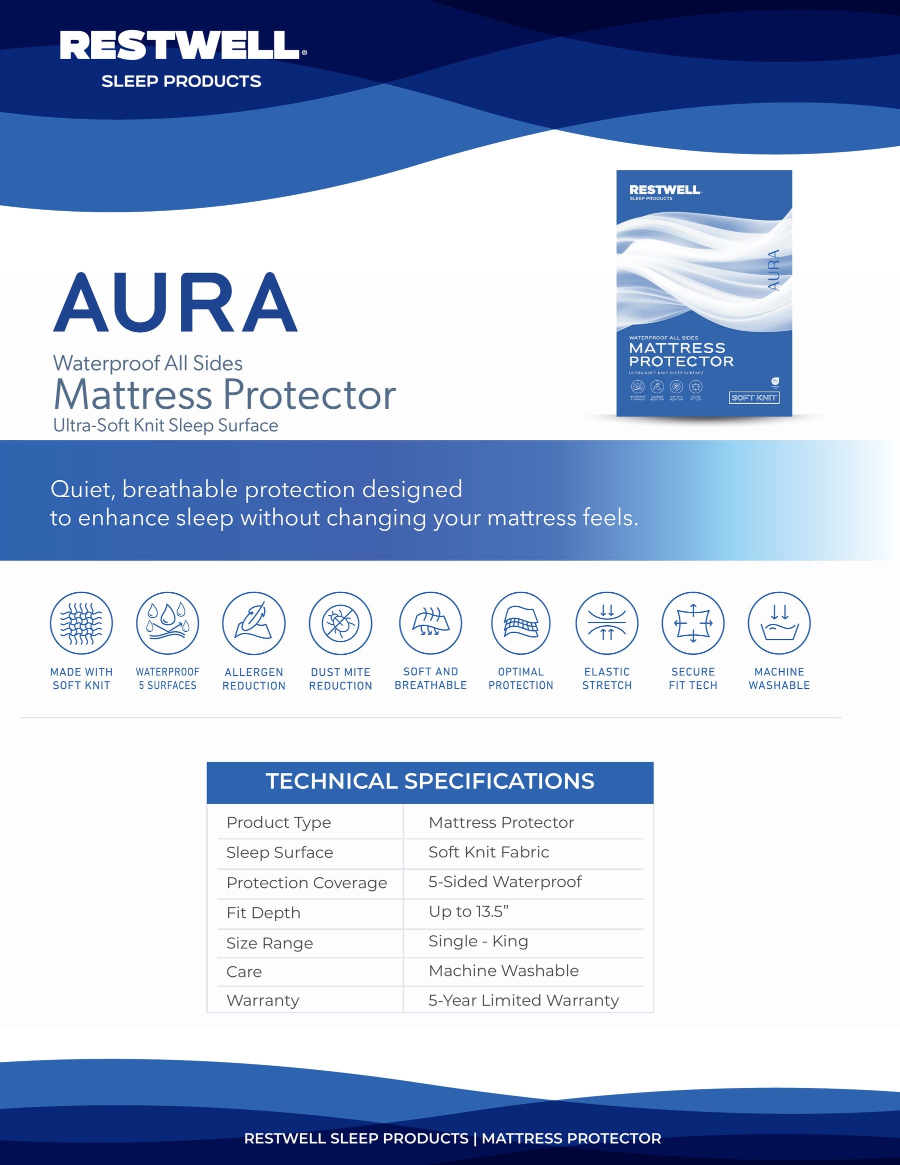AURA Ultra-Soft, Quiet 5-Sided Mattress Protection
