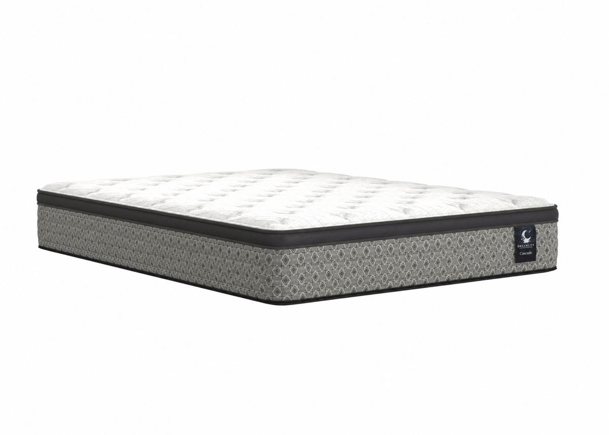 Angled view of Cascade Cooling Euro-Top mattress with correctly labelled DreamLife Cascade tag