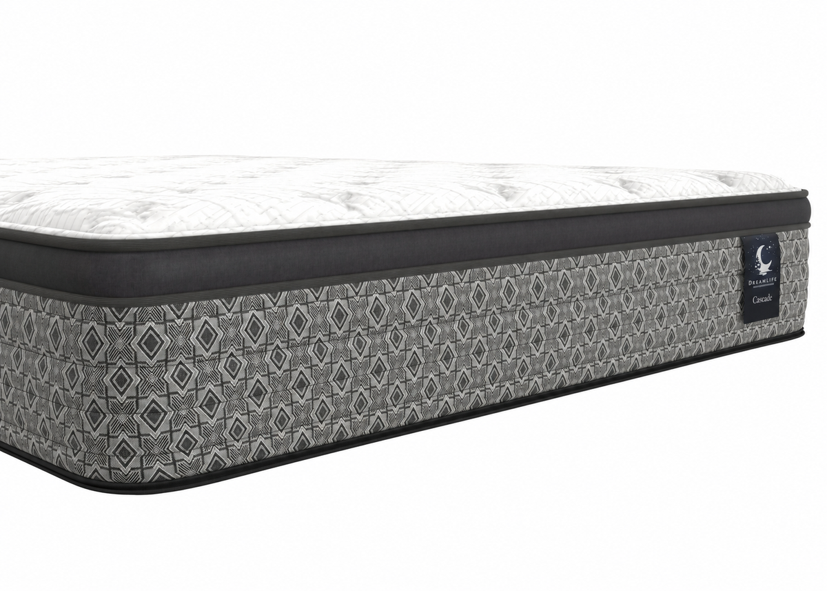Close angled view of Cascade Cooling Euro-Top mattress and correctly labelled tag