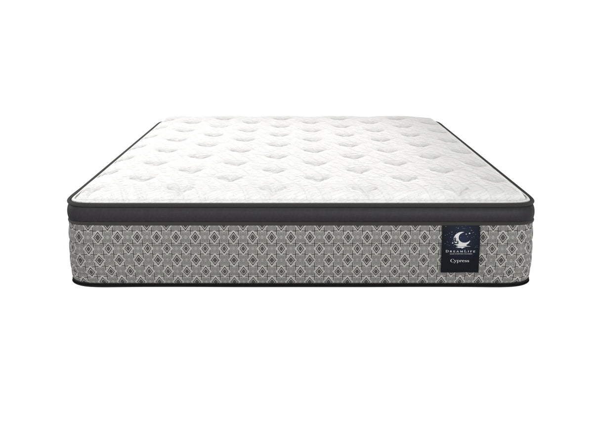 Cypress mattress front view with white quilting and grey patterned sides