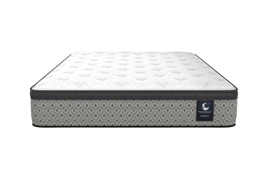 Cypress mattress front view with white quilting and grey patterned sides
