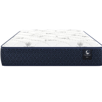 Lyra 7-inch tight-top foam mattress front view with white quilting and navy patterned sides