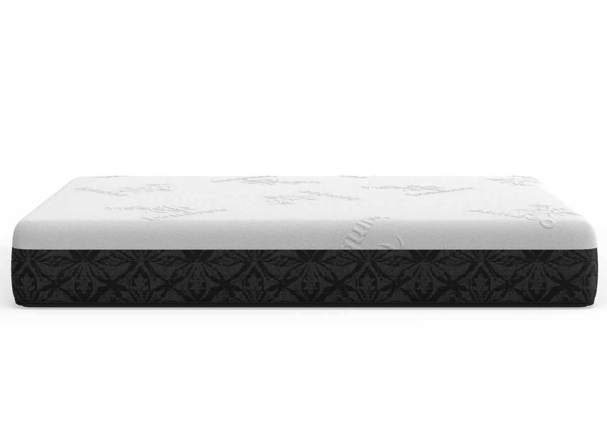 Side profile of the Mystic hybrid mattress showing its plush comfort layers and foam-encased edge.