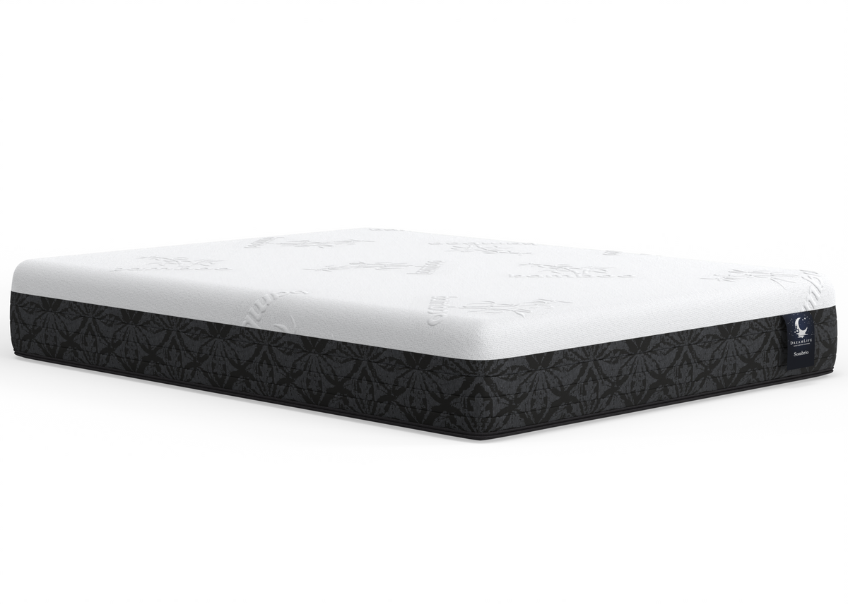 Side profile of the Mystic hybrid mattress showing its plush comfort layers and foam-encased edge.