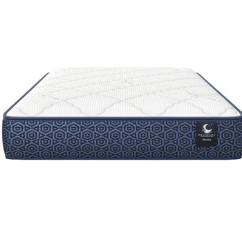 Siesta mattress front view with white quilting and navy patterned sides