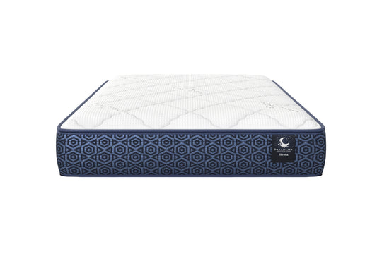 Siesta mattress front view with white quilting and navy patterned sides