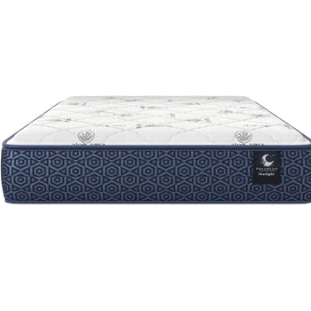Starlight mattress front view with white quilting and navy geometric sides