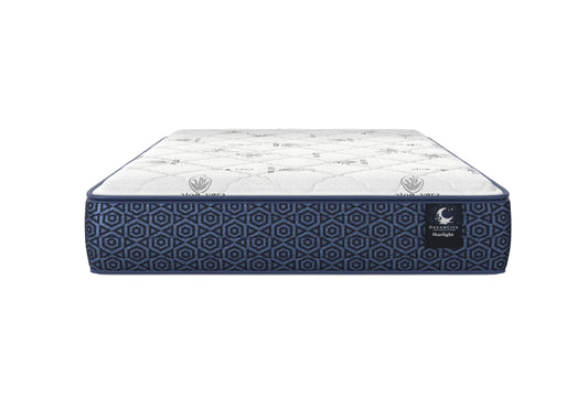 Starlight mattress front view with white quilting and navy geometric sides