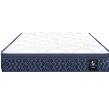 Stella mattress front view with white quilting and navy patterned sides