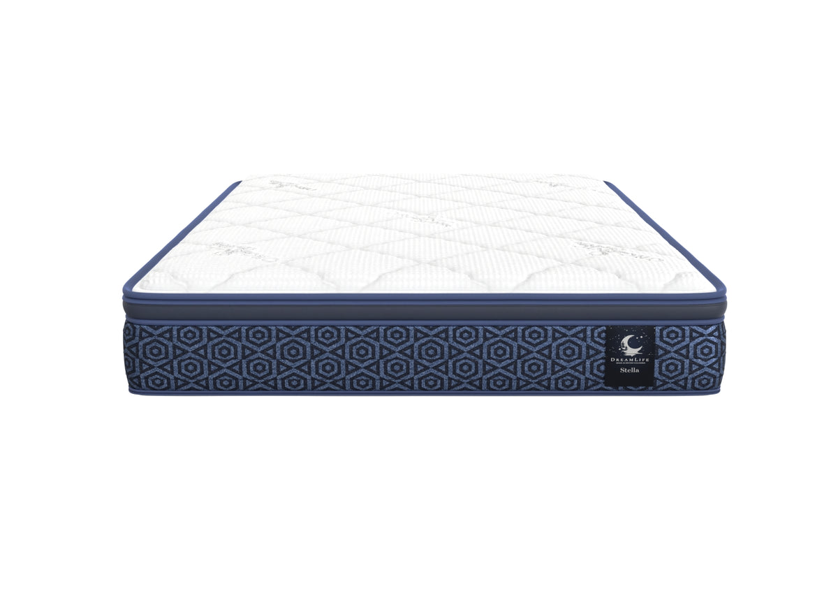Stella mattress front view with white quilting and navy patterned sides