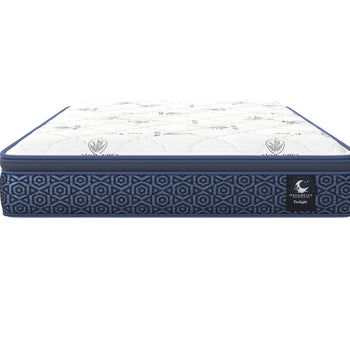 Twilight mattress front view with white quilting and navy geometric sides